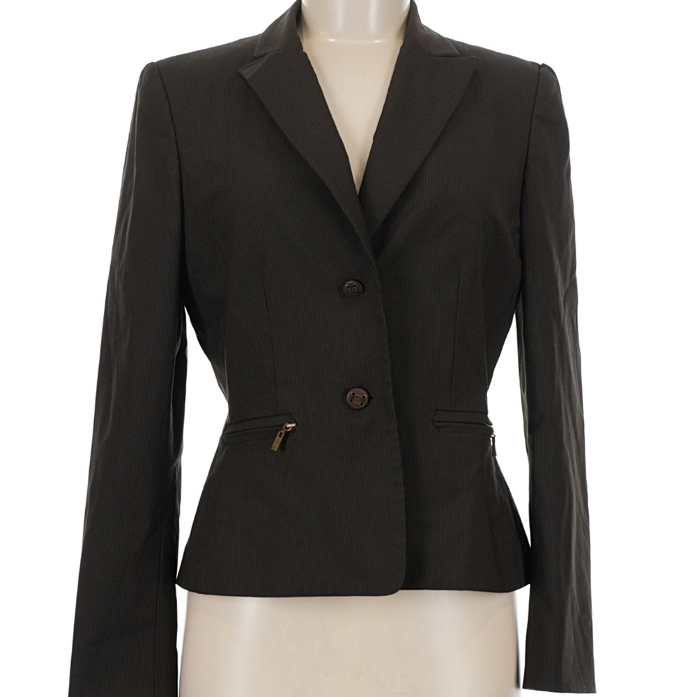 Tahari Black Pinstripe Tailored Blazer with Zip Pockets